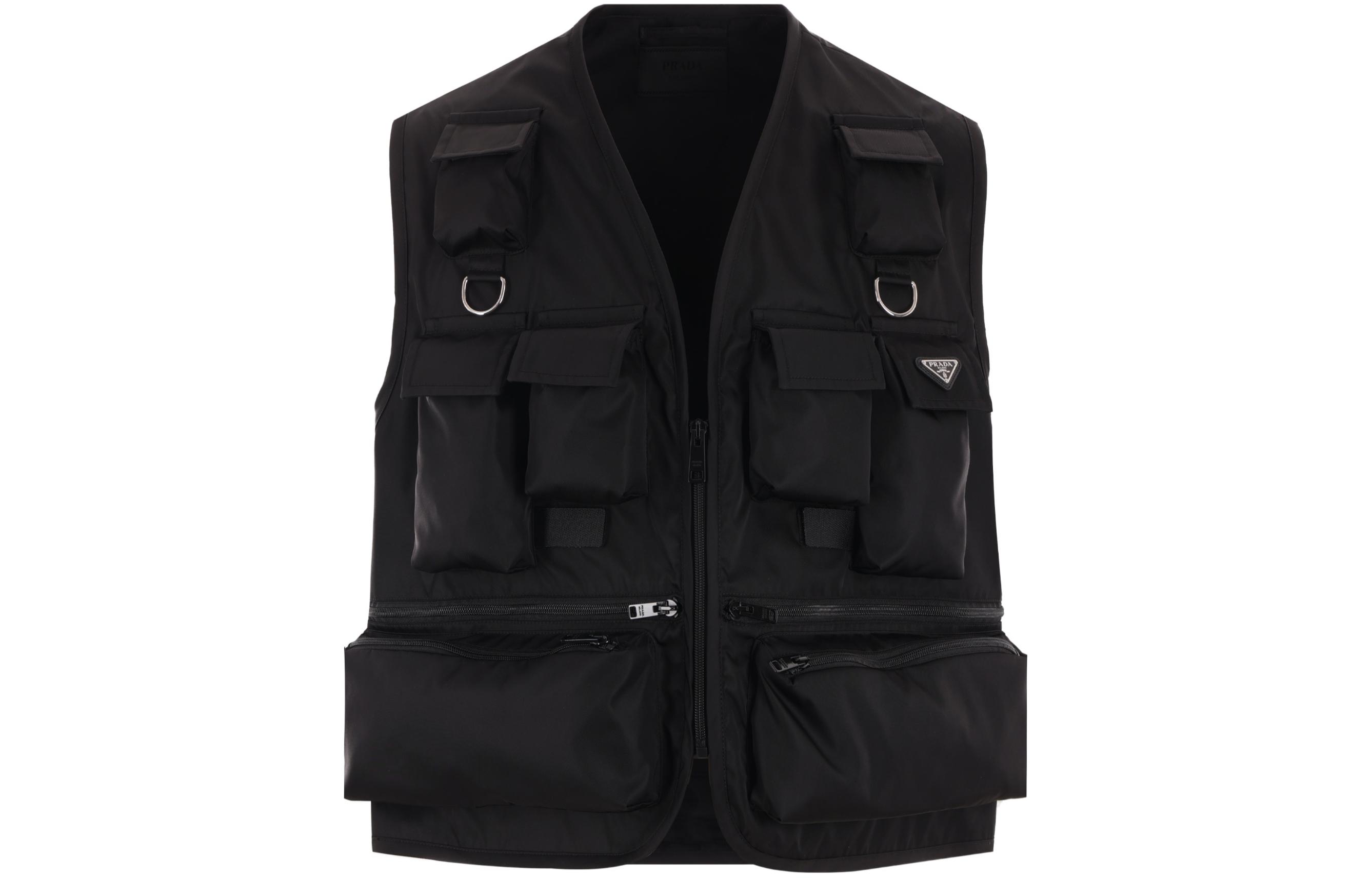 Order PRADA SS24 Vest Hitam Leher-V dengan Poket Logo Patch Berzip. SGC499-1WQ8-F0002-S-OOO