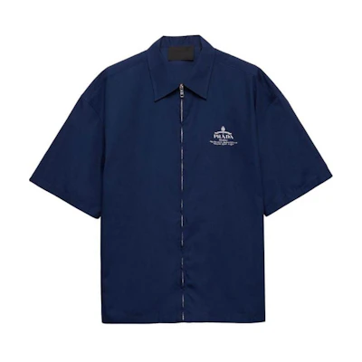 PRADA SS24 Blue Logo Print Short Sleeve Zipper Shirt. SC781-1480-F0216-S-OOO