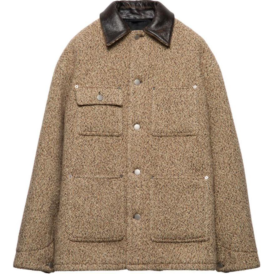 Order PRADA SS24 棕色皮革飾邊標誌長袖夾克 SGC675-15J3-F0040-S-OOO