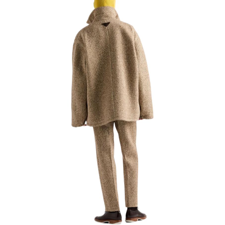 Shop PRADA SS24 棕色皮革飾邊標誌長袖夾克 SGC675-15J3-F0040-S-OOO