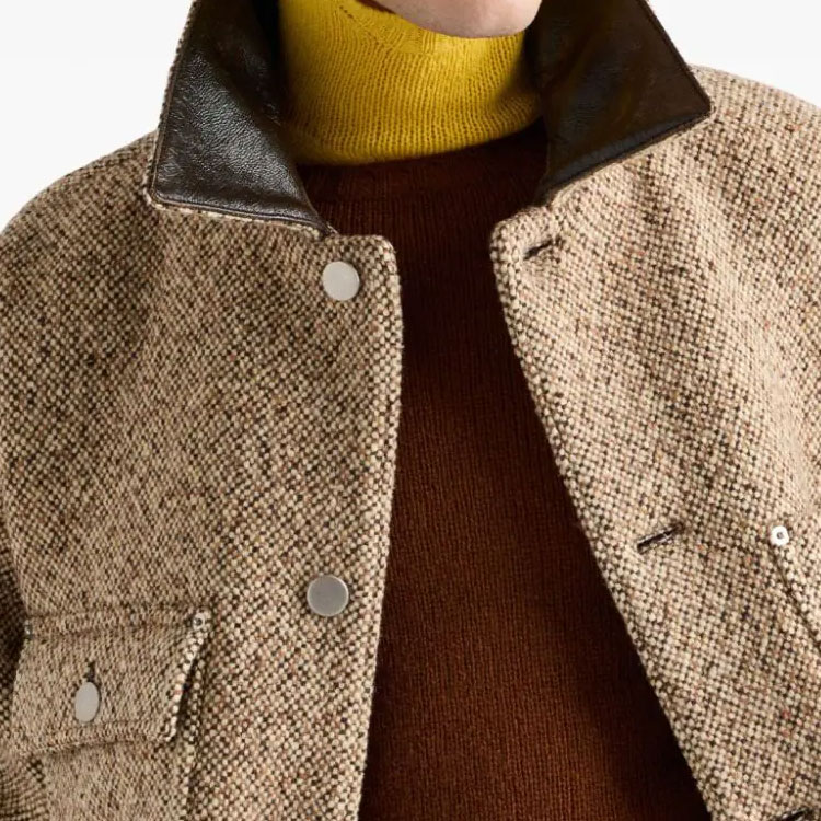 Purchase PRADA SS24 棕色皮革飾邊標誌長袖夾克 SGC675-15J3-F0040-S-OOO