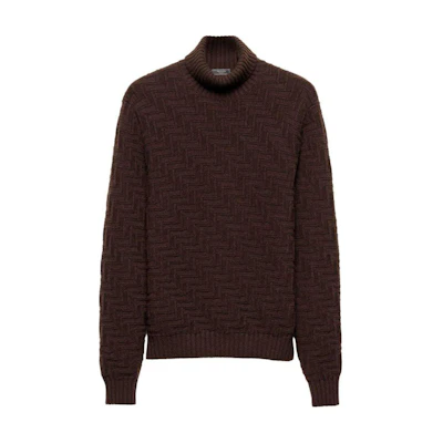 PRADA SS24 Chocolate High Neck Knit Cashmere Sweater with Logo Design UMR627-15TK-F0324-S-OOO