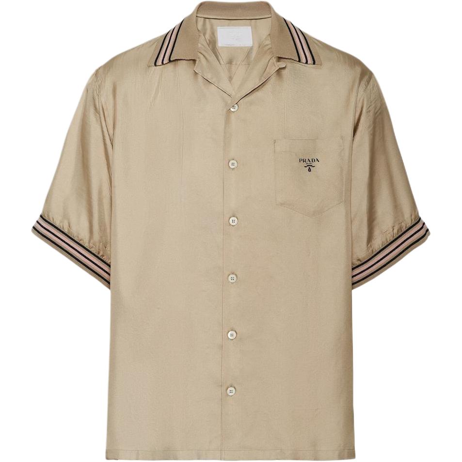 PRADA SS24  Gray Striped Logo Print Short-Sleeve Shirt. UCS501-1QWC-F00065-S-OOO