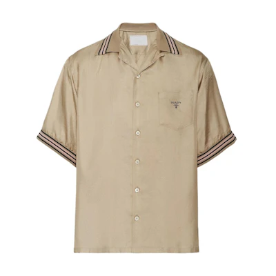 PRADA SS24 Gray Striped Logo Print Short-Sleeve Shirt. UCS501-1QWC-F00065-S-OOO