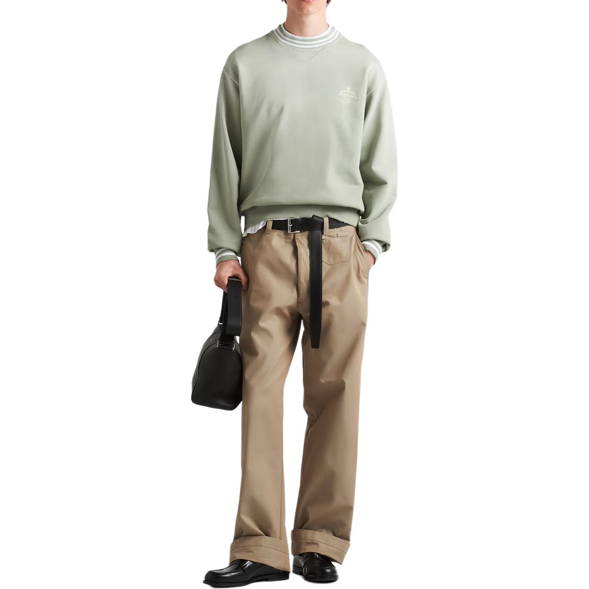 Lookbook PRADA SS24 Baju Sweatshirt Logo Hijau Jalur Crewneck. UJL69B-15CA-F0AQI-S-OOO