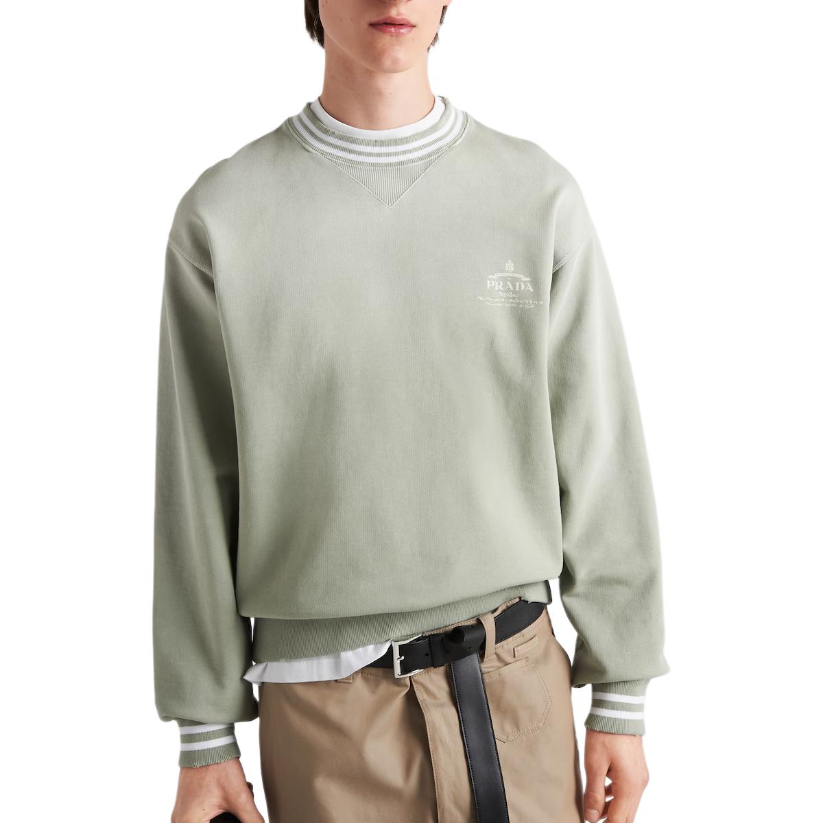 Shop PRADA SS24 Baju Sweatshirt Logo Hijau Jalur Crewneck. UJL69B-15CA-F0AQI-S-OOO