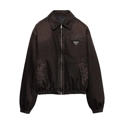 PRADA SS24 Loose Fit Logo Patch Denim Jacket in Dark Brown. GEB268-142D-F0631-S-OOO