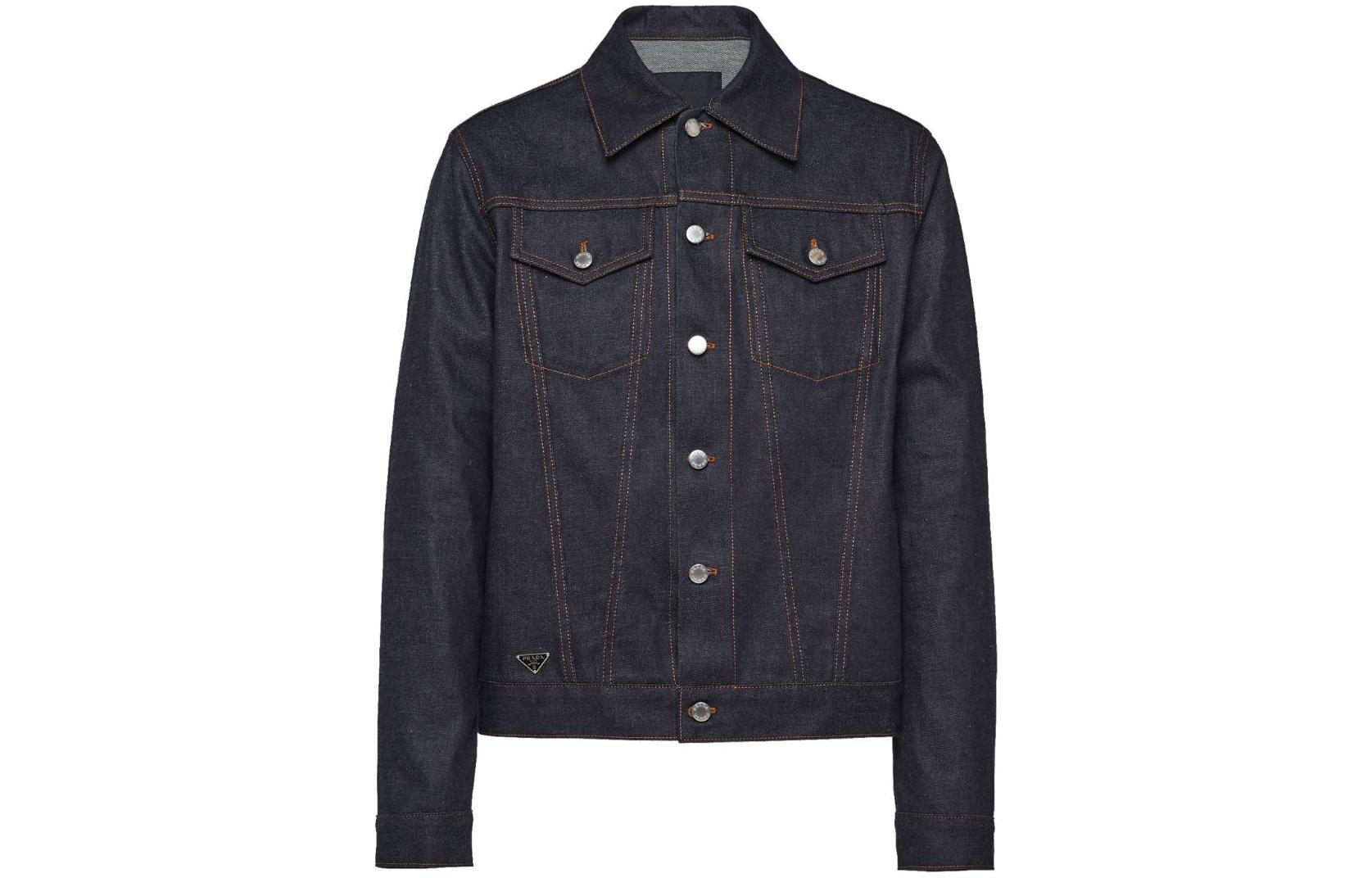 PRADA SS24  Navy Blue Denim Jacket with Logo and Decorative Stitching. GEB227-14FV-F0008-S-231