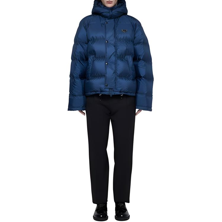 Shop PRADA SS24  Solid Logo Hooded Puffer Jacket - Blue. SGC699-1WQ9-FOAFC-S-OOO