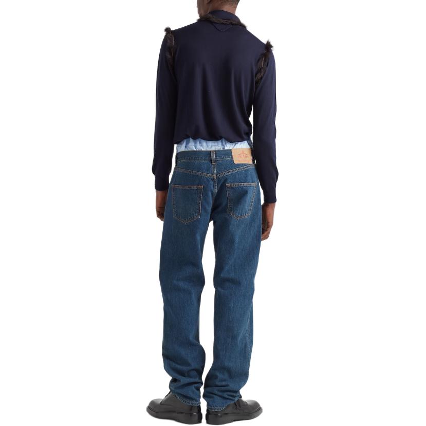Shop PRADA SS24  Solid Logo Low-Waist Straight Denim Jeans Blue GEP374-14EF-F0008-S-VMO