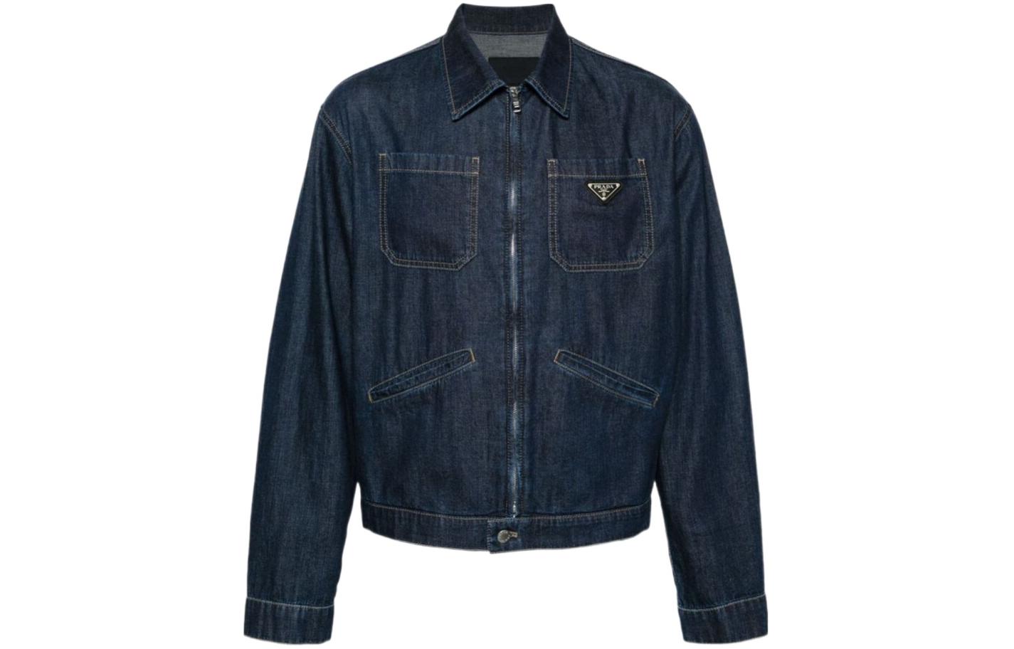 PRADA SS24  Washed Denim Zip Jacket Blue Long Sleeve Casual Style GEB255-14PW-F0008-SOOO