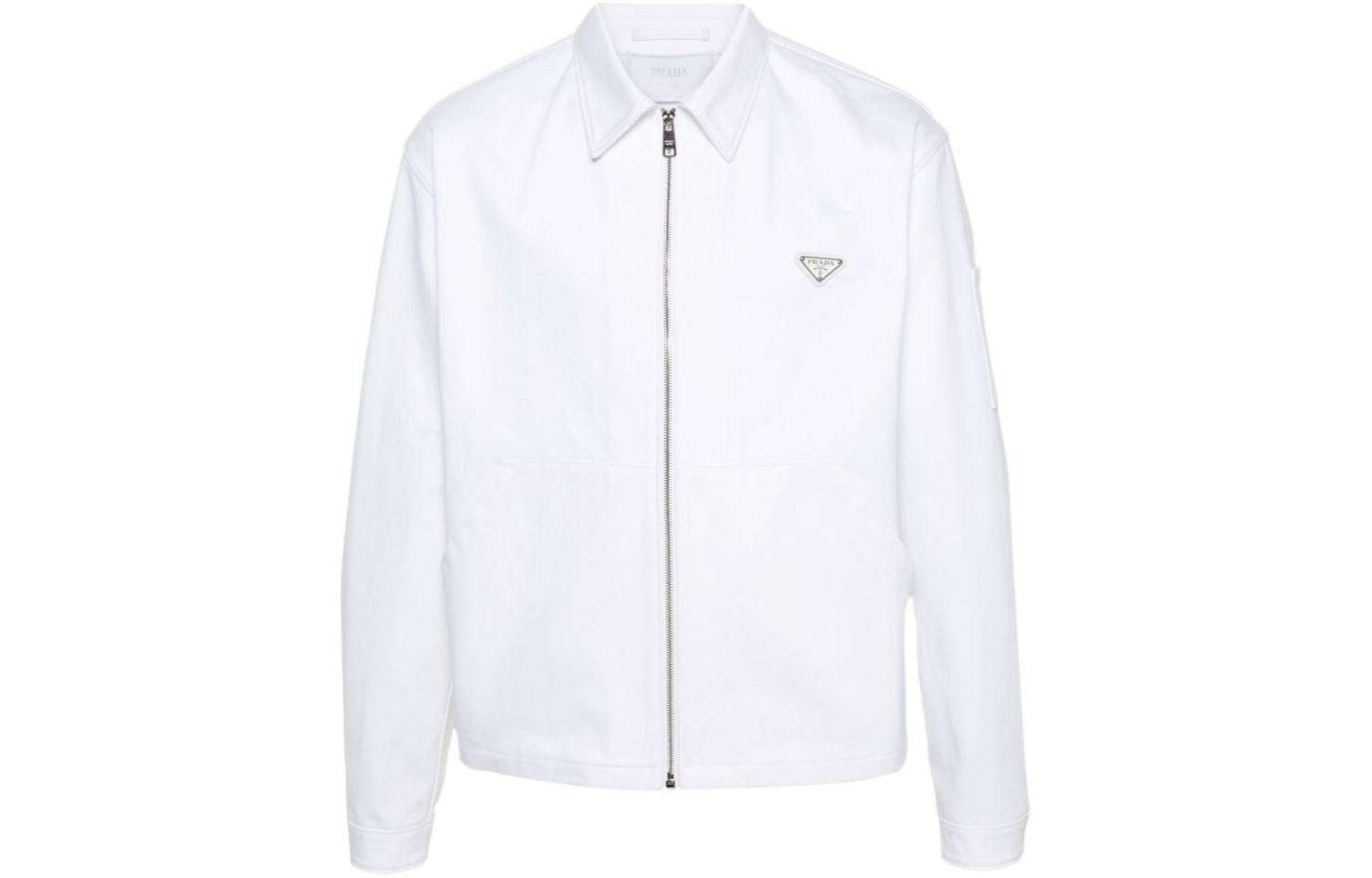 Order PRADA SS24 Jaket Kasual Putih Logo Patch Resleting. GEB258-1ZFB-F01CD-S-OOO