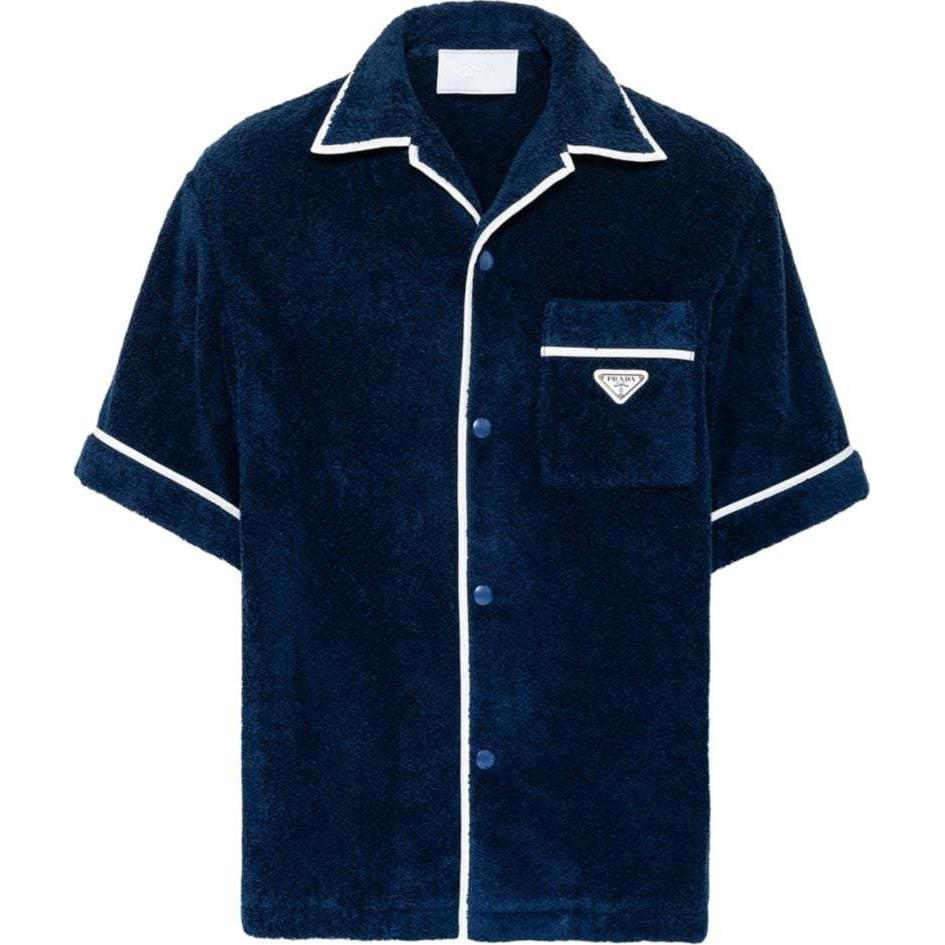 PRADA SS24 Badge Single-Breasted Straight-Cut Short-Sleeve Shirt Navy Blue Men SC559-1ZR3-F0008-S-212
