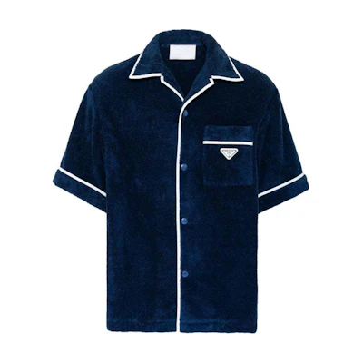 PRADA SS24 Badge Single-Breasted Straight-Cut Short-Sleeve Shirt Navy Blue Men SC559-1ZR3-F0008-S-212