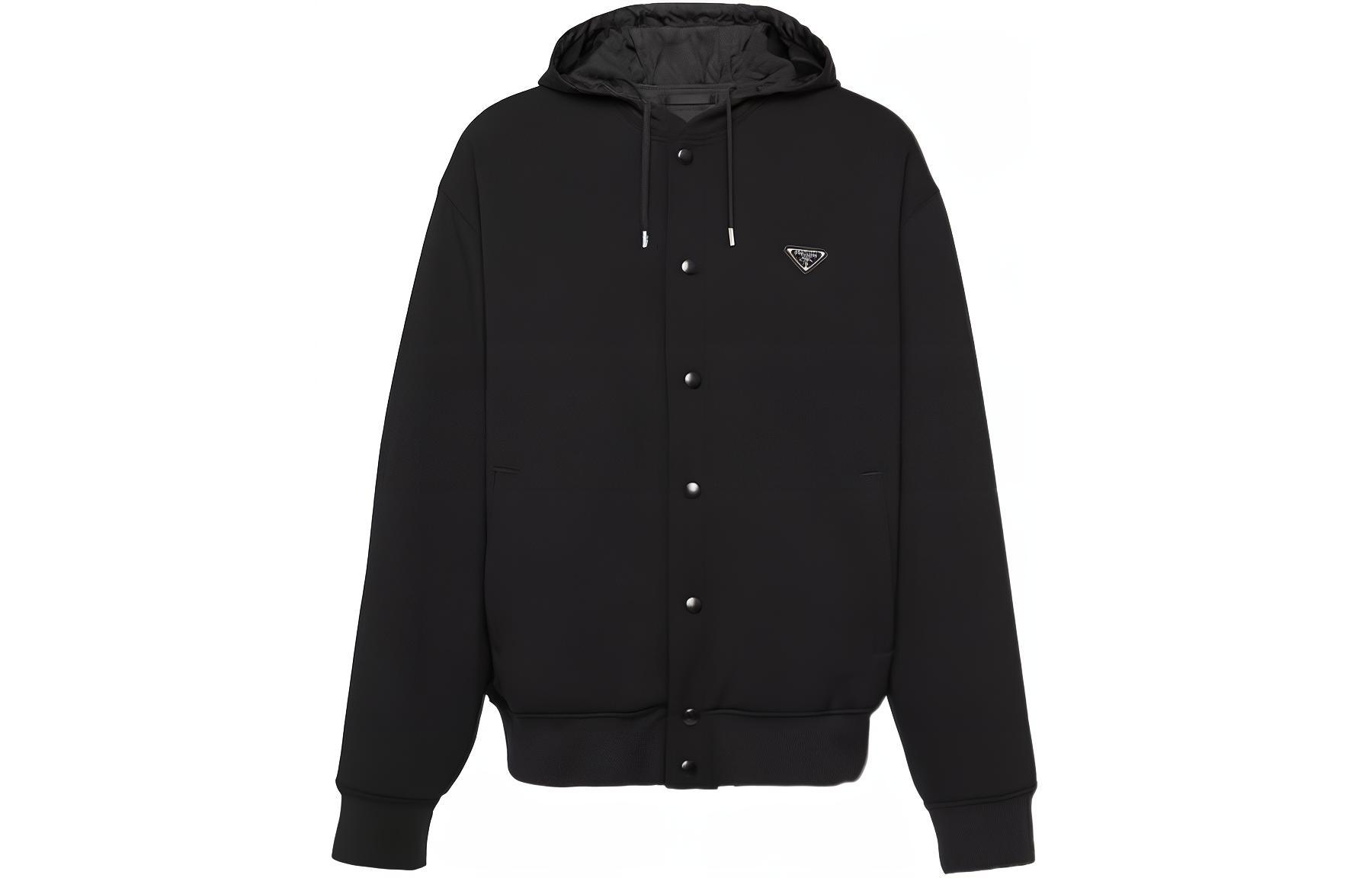 Prada SS24 Black Hoodie Jacket with Logo Badge and Single Button UJL43B-14LA-F0806-S-OOO