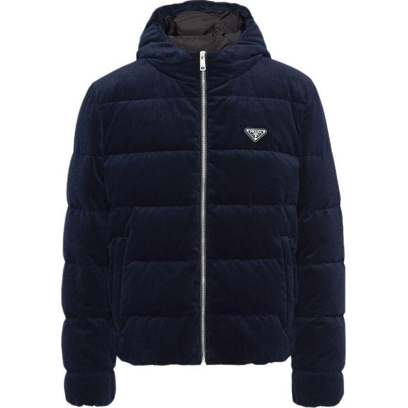 Prada SS24 Blue Cropped Corduroy Down Jacket with Logo and Hood SGC072-1RL7-F0SVF-S-232