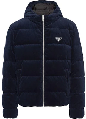 プラダ SS24 ブルー コーデュロイ クロップド ダウンジャケット ロゴ&フード付き SGC072-1RL7-F0SVF-S-232 Buy プラダ SS24 ブルー コーデュロイ クロップド ダウンジャケット ロゴ&フード付き SGC072-1RL7-F0SVF-S-232