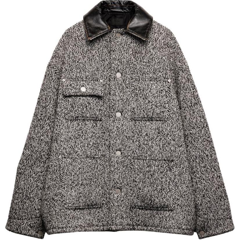 PRADA SS24 Herringbone Leather Trim Single-Breasted  Jacket Black SGC675-15OM-F0964-S-OOO