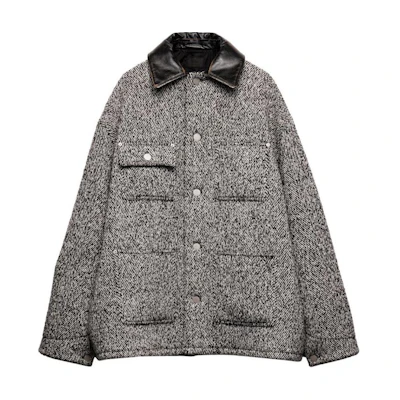 PRADA SS24 Herringbone Leather Trim Single-Breasted Jacket Black SGC675-15OM-F0964-S-OOO