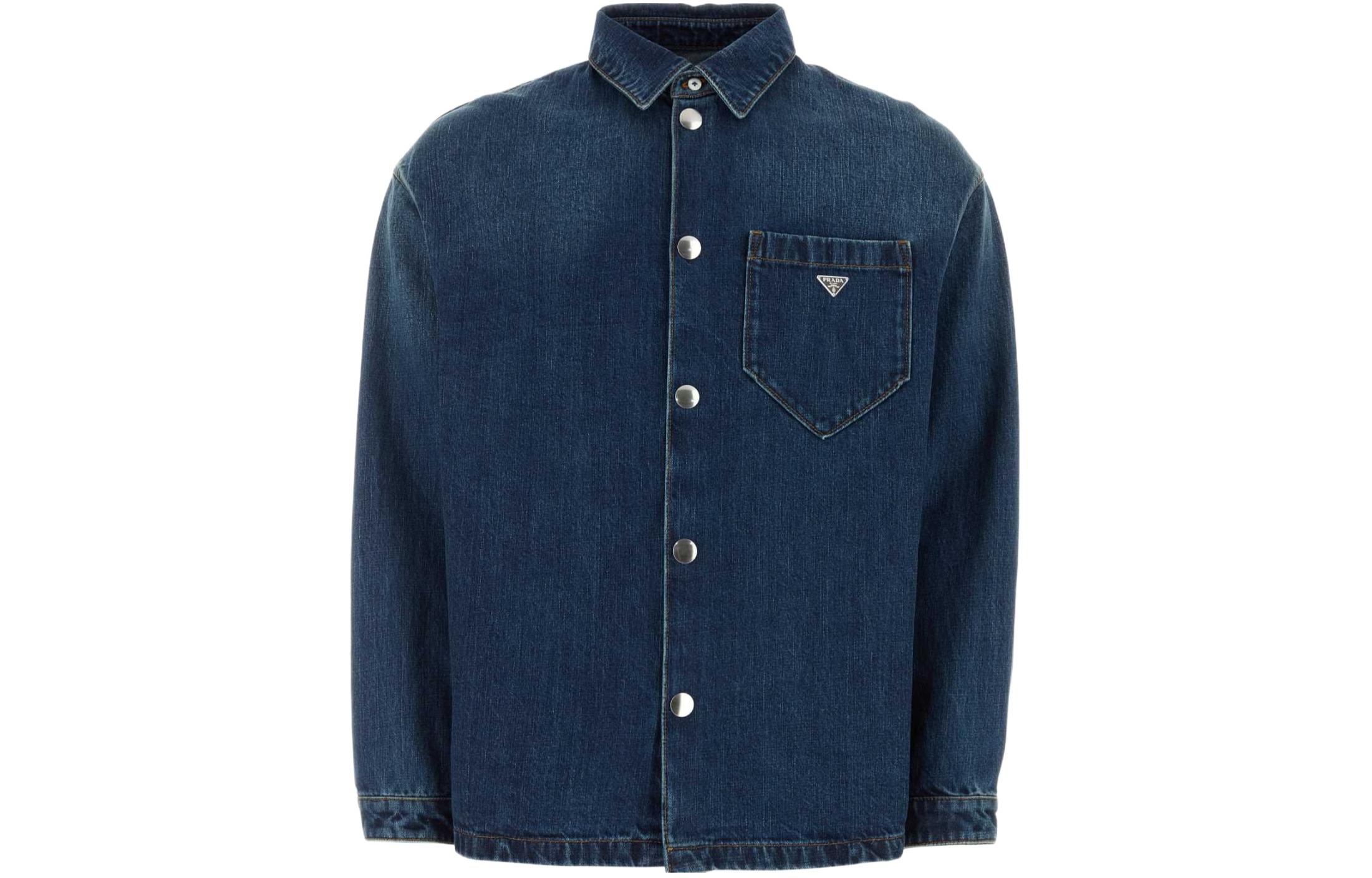 PRADA SS24 Logo Patch Single-Breasted Denim Jacket Men’s Blue. GEC066-14EF-F0008-S-212