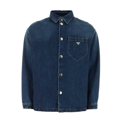 PRADA SS24 Logo Patch Single-Breasted Denim Jacket Men’s Blue. GEC066-14EF-F0008-S-212