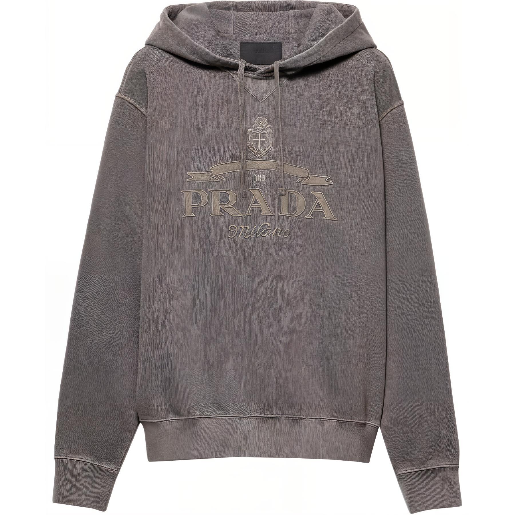 Prada SS24 Logo Print Pullover Hoodie Gray Long Sleeve Sweatshirt UJL71B-15CB-F0BJ9-S-OOO