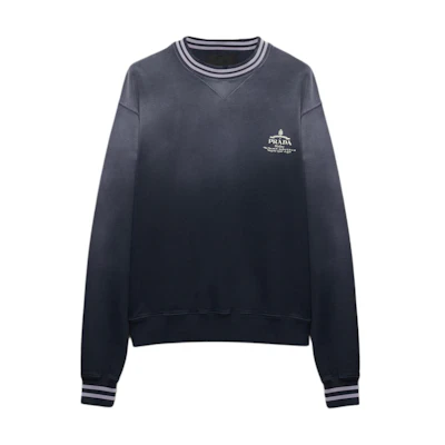 Prada SS24 Logo Print Striped Trim Crewneck Sweatshirt Blue UJL69B-15CA-F0008-S-OOO