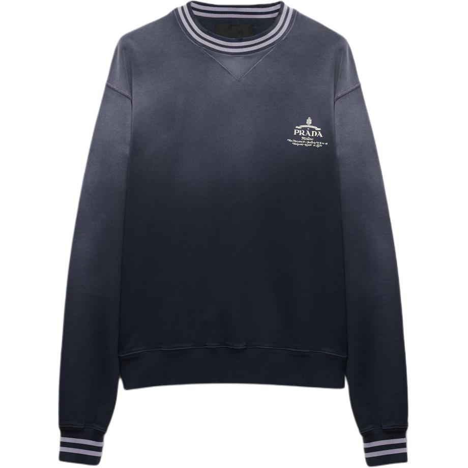 Order Prada SS24 標誌印花條紋邊圓領長袖衫 藍色 UJL69B-15CA-F0008-S-OOO