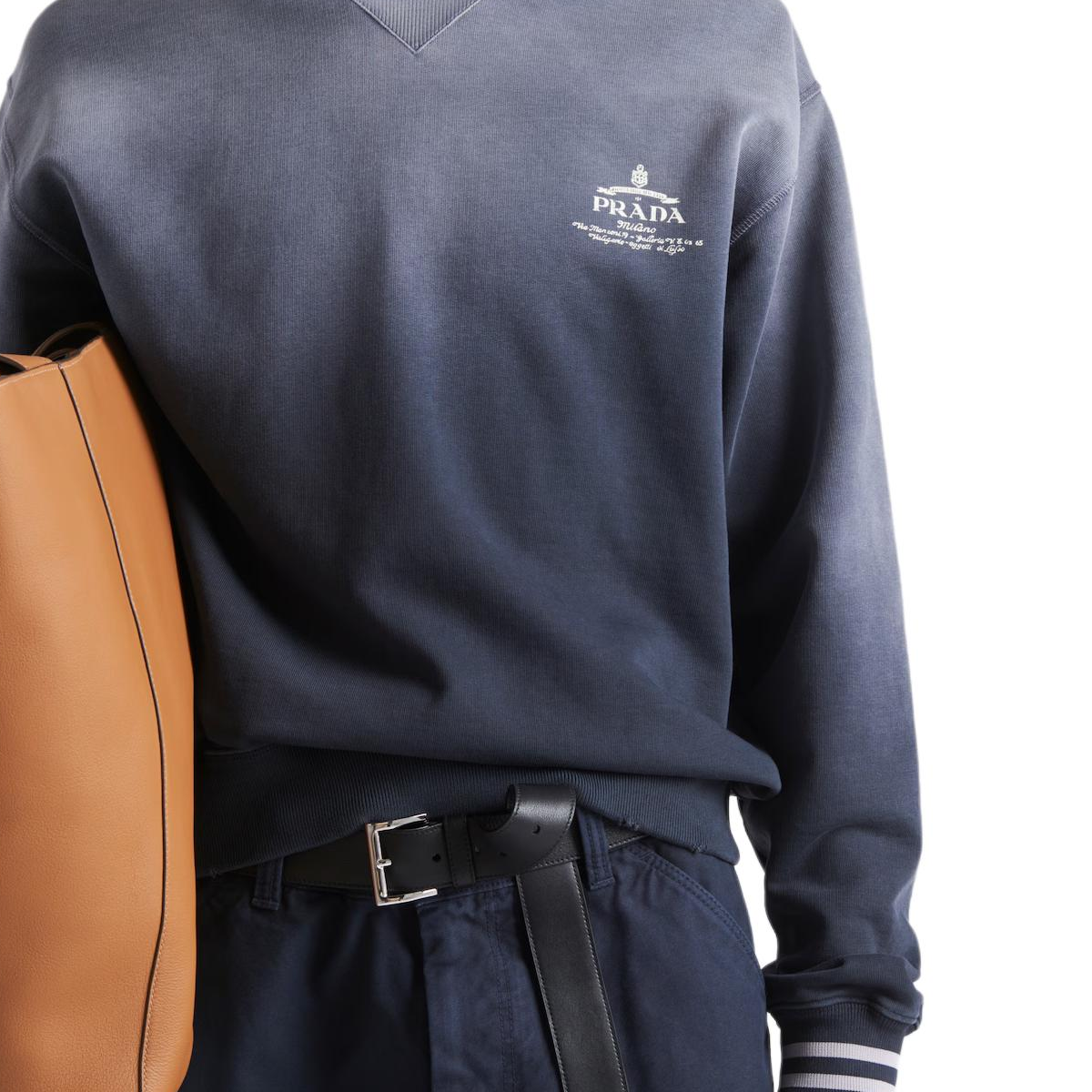 Shop Prada SS24 標誌印花條紋邊圓領長袖衫 藍色 UJL69B-15CA-F0008-S-OOO