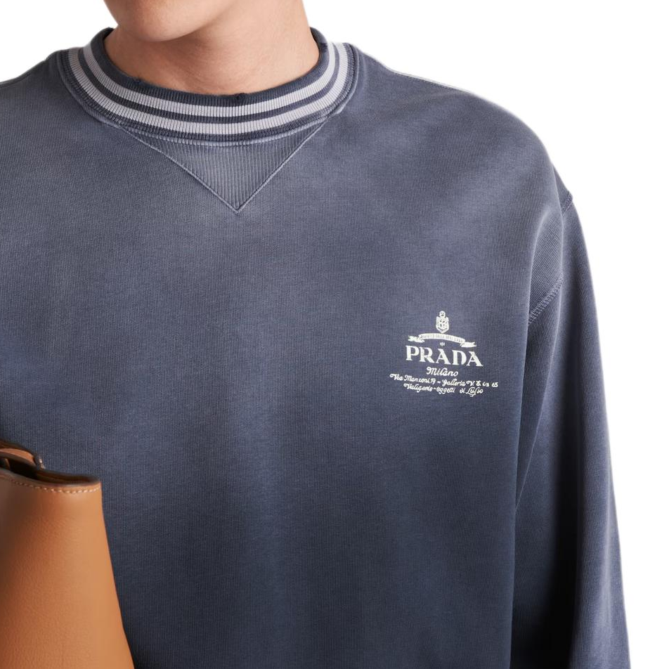 Purchase Prada SS24 標誌印花條紋邊圓領長袖衫 藍色 UJL69B-15CA-F0008-S-OOO
