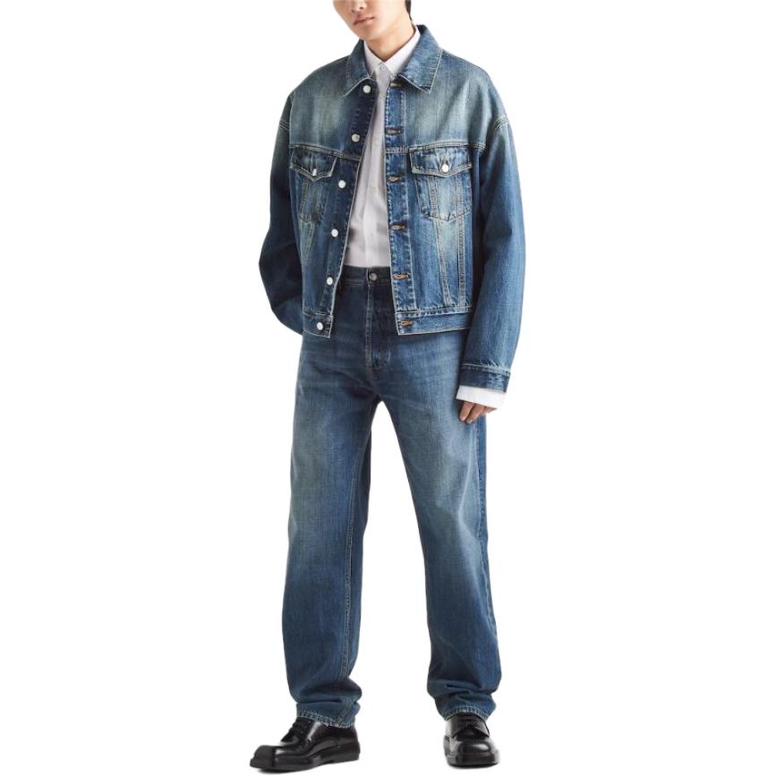 Lookbook 普拉达SS24 男士水洗单排扣蓝色牛仔夹克 GEB257-14EF-F0008-S-OOO