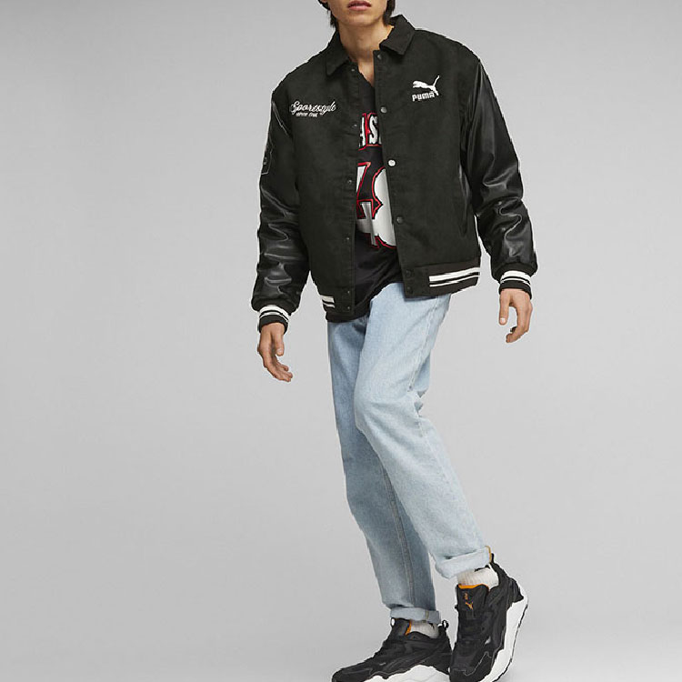 Shop PUMA 黑色拼接字母印花休閒長袖外套 623509-01