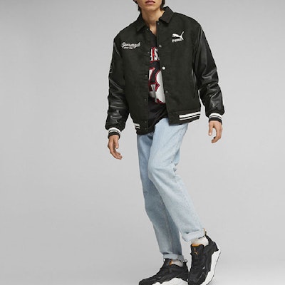 PUMA 黑色拼接字母印花休閒長袖外套 623509-01 Shop PUMA 黑色拼接字母印花休閒長袖外套 623509-01