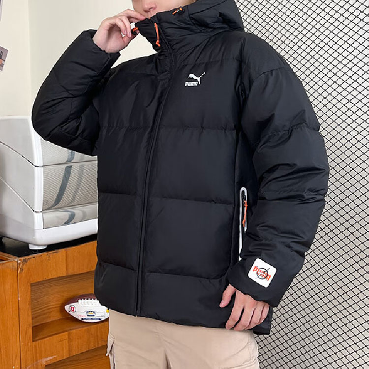 Shop プーマ ブラック 無地 ダウンジャケット フーディー カジュアル 長袖コート 624529-01