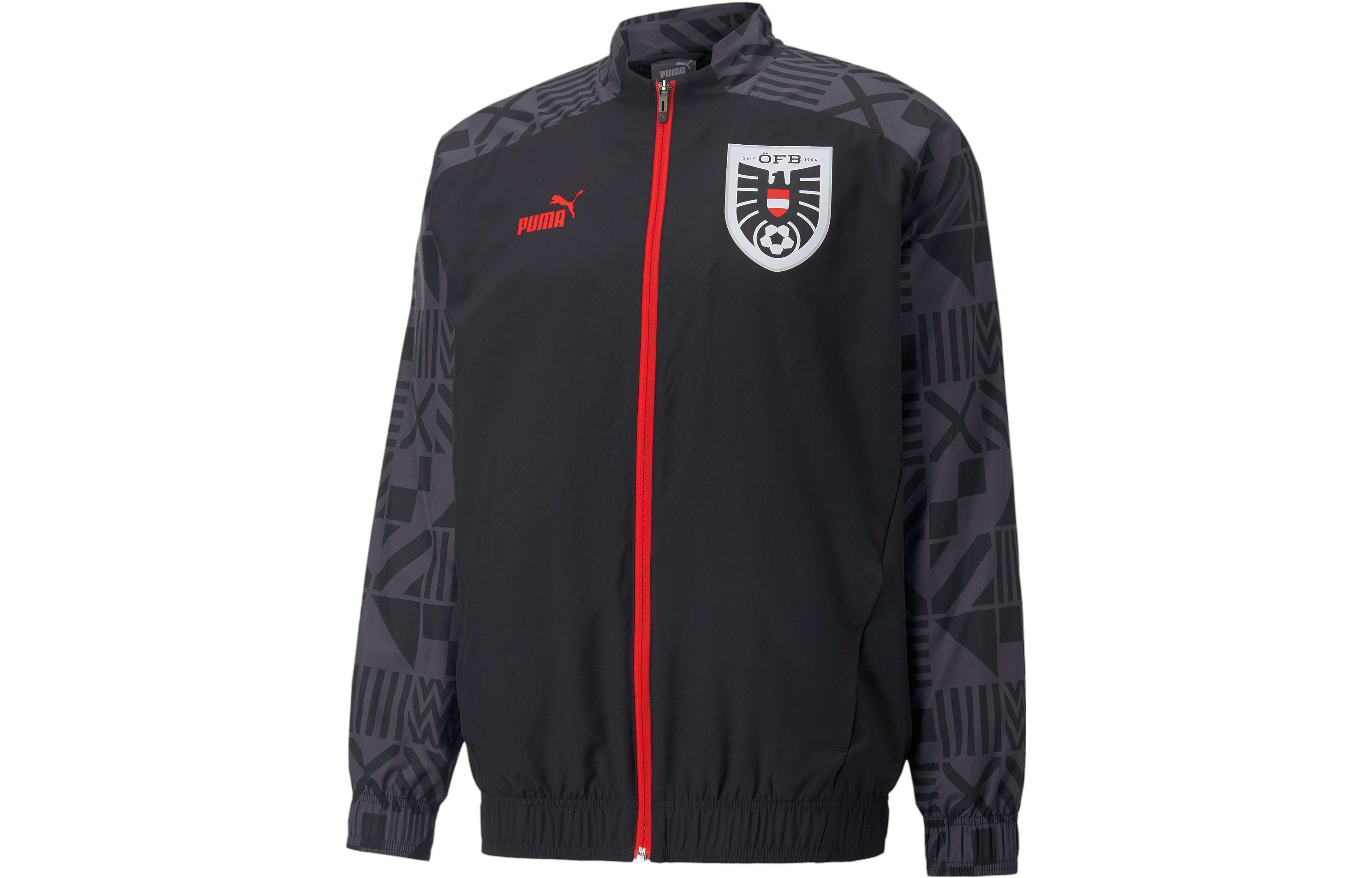 Puma Austria Football Prematch Jacket Black Geometric Pattern Long Sleeve 767838-02