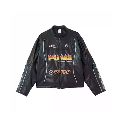 PUMA Beyond The Speed PU Jacket Retro Letter Design Zip Up Unisex Black. 631079-01