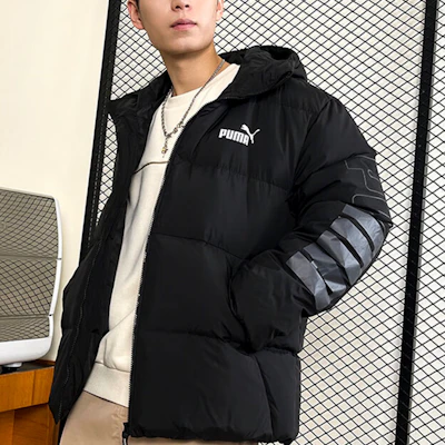 Puma 黑色連帽羽絨外套 字母印花休閒設計 678720-01 Shop Puma 黑色連帽羽絨外套 字母印花休閒設計 678720-01