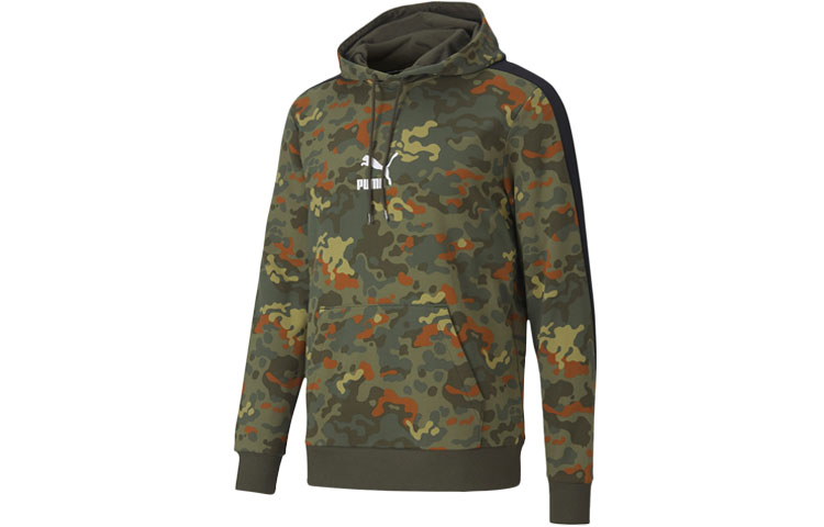 Puma Classics Camo Print Patchwork Hoodie in Olive Green 599315-70