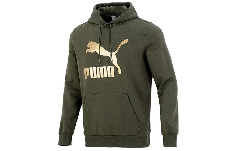 Puma Classics Gold Logo Hoodie Olive Green Pullover Sweatshirt 531370-44