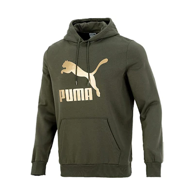Puma Classics Gold Logo Hoodie Olive Green Pullover Sweatshirt 531370-44