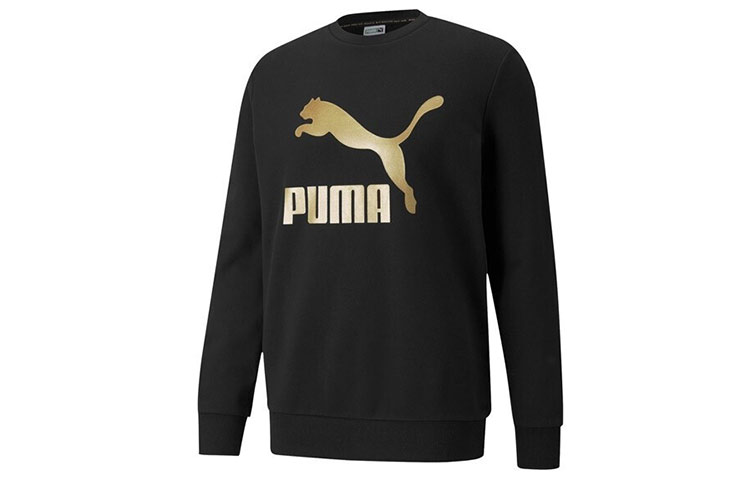 Puma Classics Logo Crew Pullover Sweatshirt Black Gold Logo Mens 531367-51