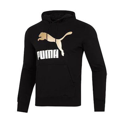 Puma Classics Metallic Logo Hoodie Black Graphic Pullover Sweatshirt 535341-01