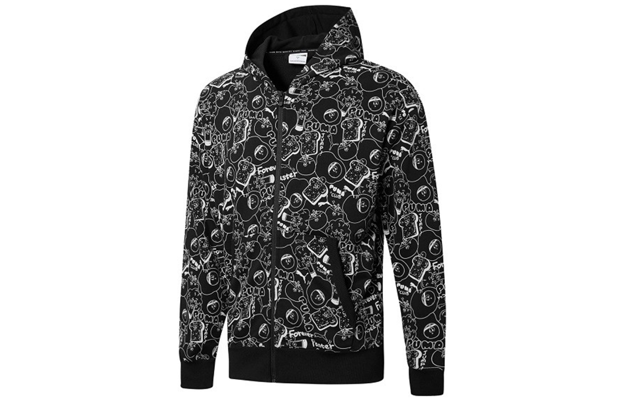 Puma CLUB AOP FZ Hoodie Black Embroidered Logo Pattern Knit Jacket 533201-51