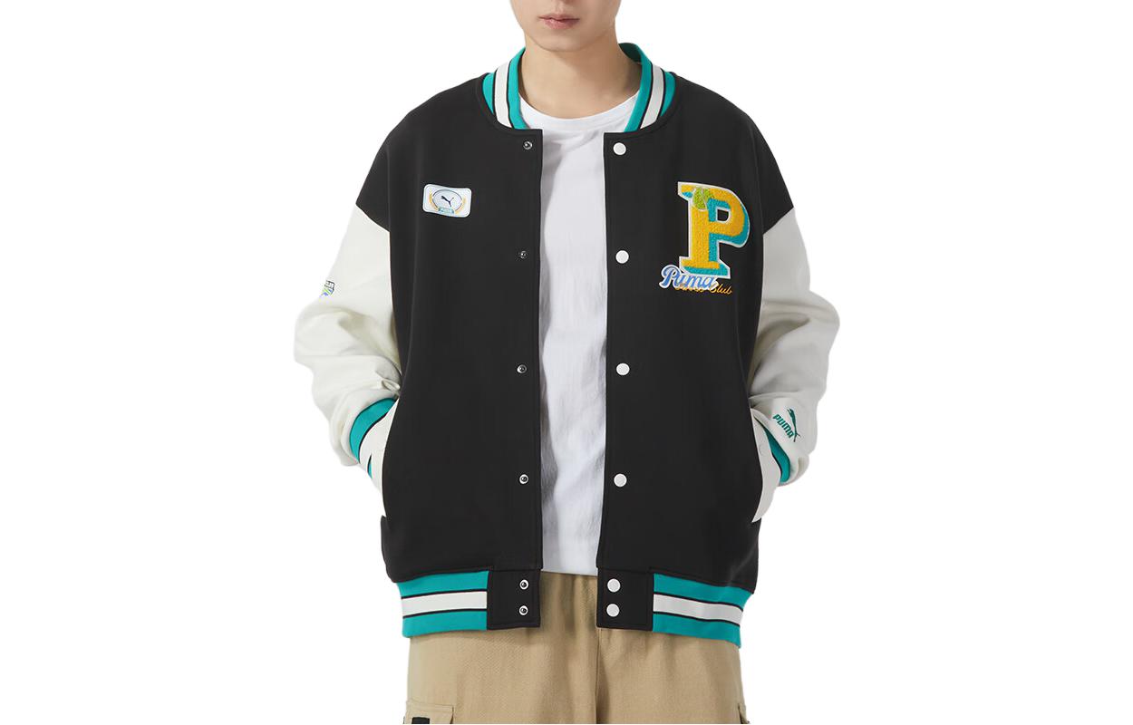 Puma Color-block Letter Pattern Snap Jacket Unisex Black Long Sleeve 625797-01