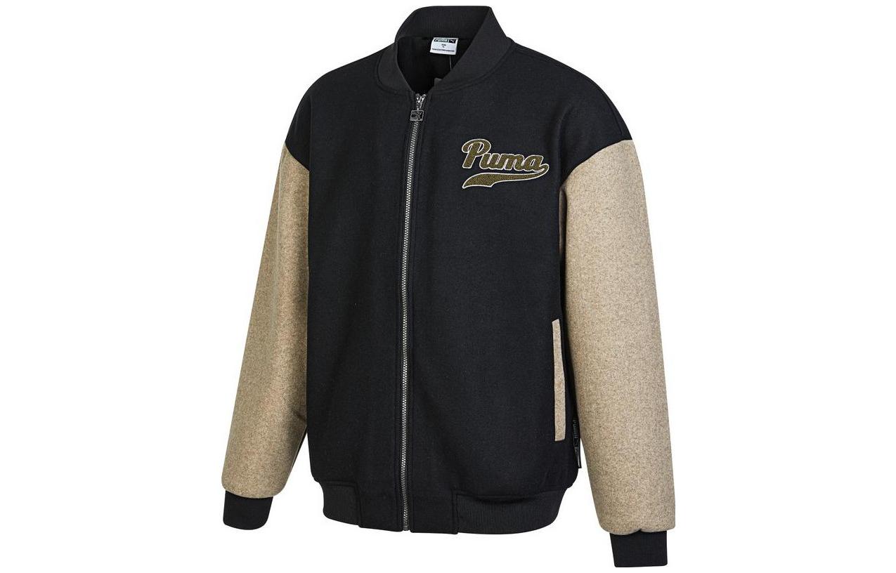 Puma Color-Block Logo Baseball Jacket with Embroidered Patch - Unisex Black/Brown 539749-01