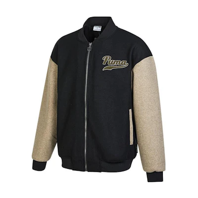 Puma Color-Block Logo Baseball Jacket with Embroidered Patch - Unisex Black/Brown 539749-01