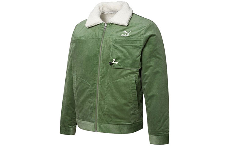 Puma Cord Retro Embroidered Logo Reversible Fleece Corduroy Jacket Green Men 534751-67