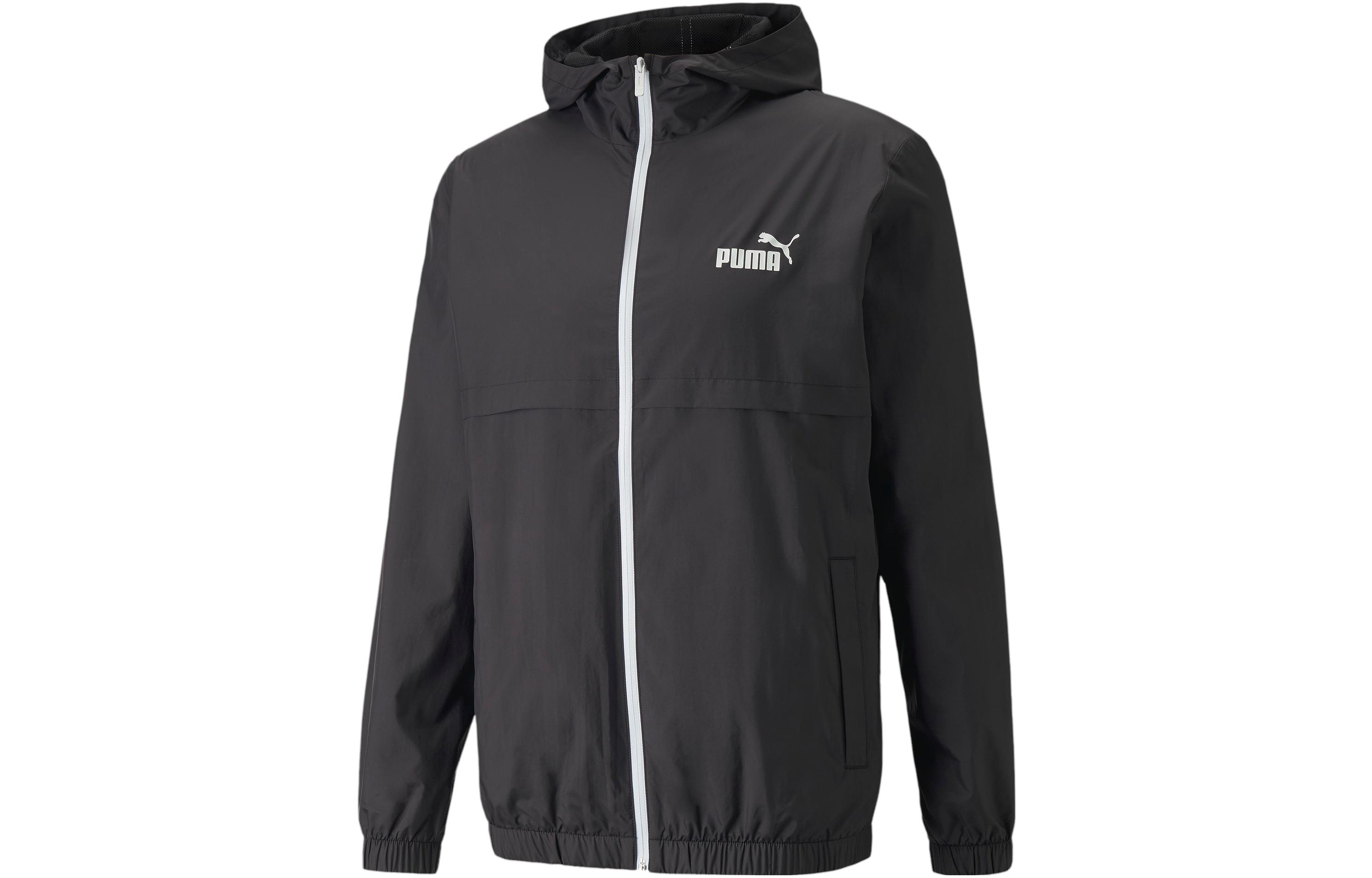 Puma Essentials Black Windbreaker Jacket Full-Zip Hoodie with Logo Print 847484-01