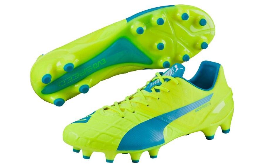 Shop PUMA Evo Speed 1.4 FG 天然草皮 男款耐磨透氣足球鞋 綠藍色