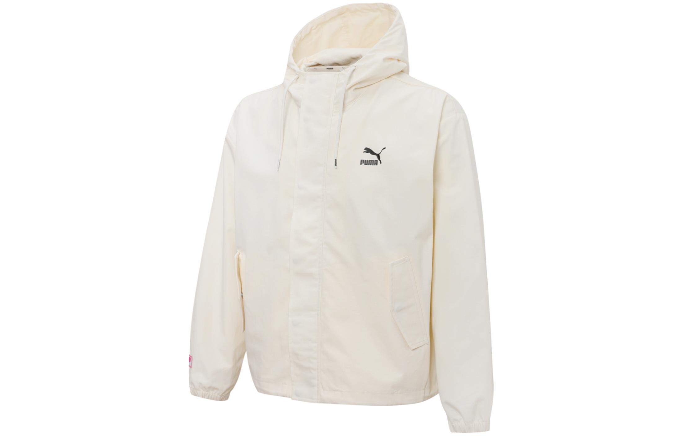 Puma Fashion White Zip-Up Hoodie with Logo Print and Drawstring 537523-65